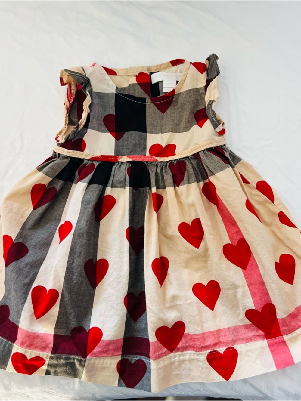 Burberry Cream Dress with Red Heart Print and Black Check